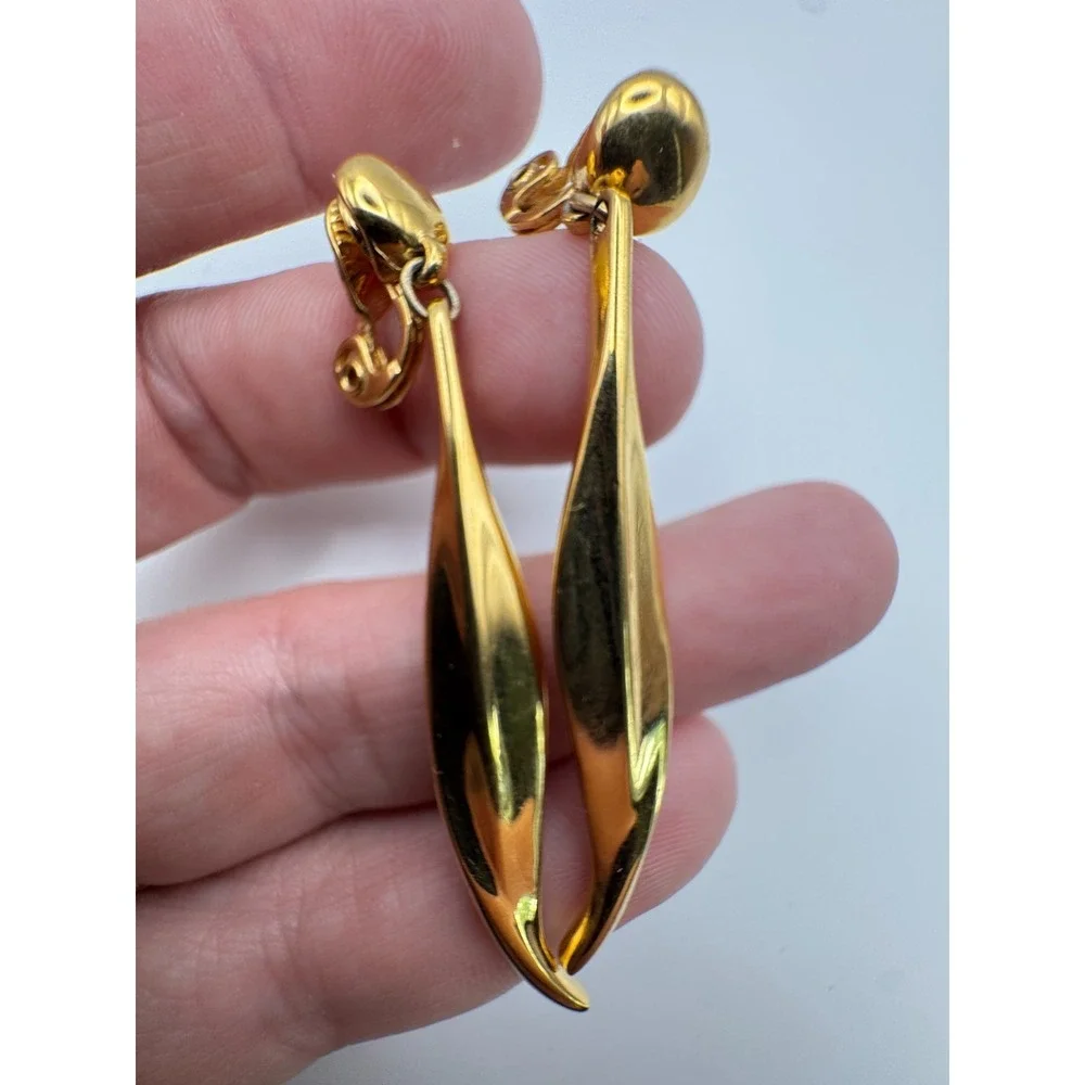 Vintage Monet Earrings Long Gold Drop Sculptural Dangle Sleek